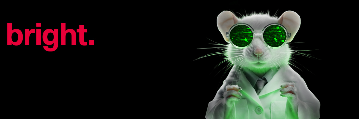 The image features a white mouse dressed in a scientific lab outfit. The mouse is wearing glowing green safety goggles, giving it a futuristic appearance. The goggles reflect a luminous neural pattern, suggesting scientific experiments or research. The mouse is clad in a white lab coat and stands against a black background, which makes the glowing details particularly striking. This depiction blends elements of science and fantasy to create a humorous yet impressive scene.
