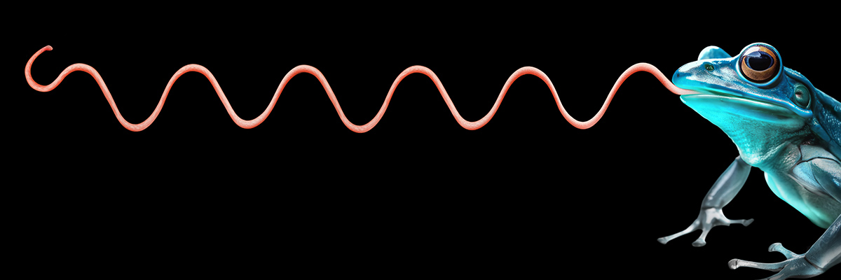 A blue-green frog with a very long, wave-like tongue that visualises the coherence of the ultra-stable clock laser system.